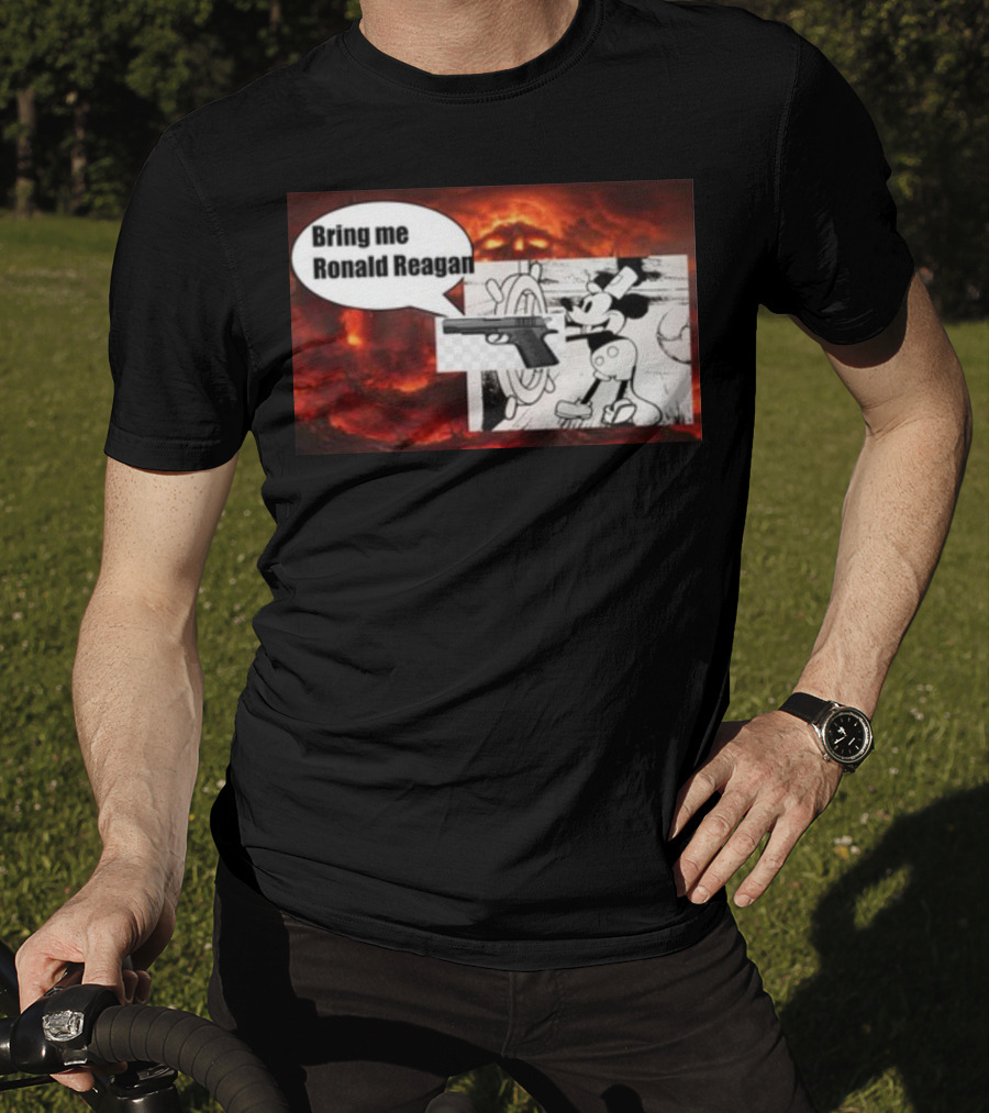 Bring Me Ronald Reagan Cartoon Character And Gun Over Fiery Background T-Shirt