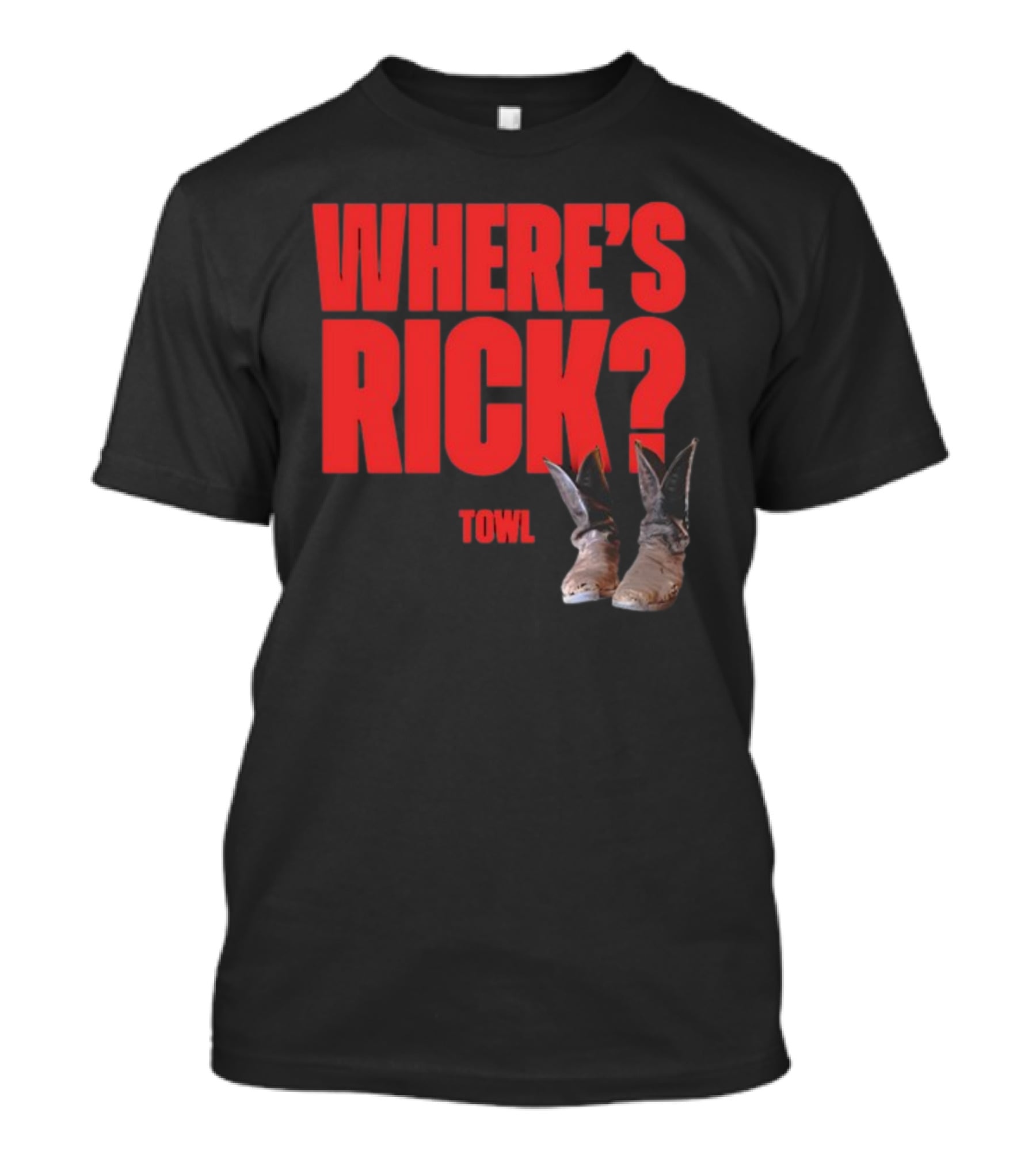 WHERE'S RICK TOWL Cowboy Boots Mystery T-Shirt