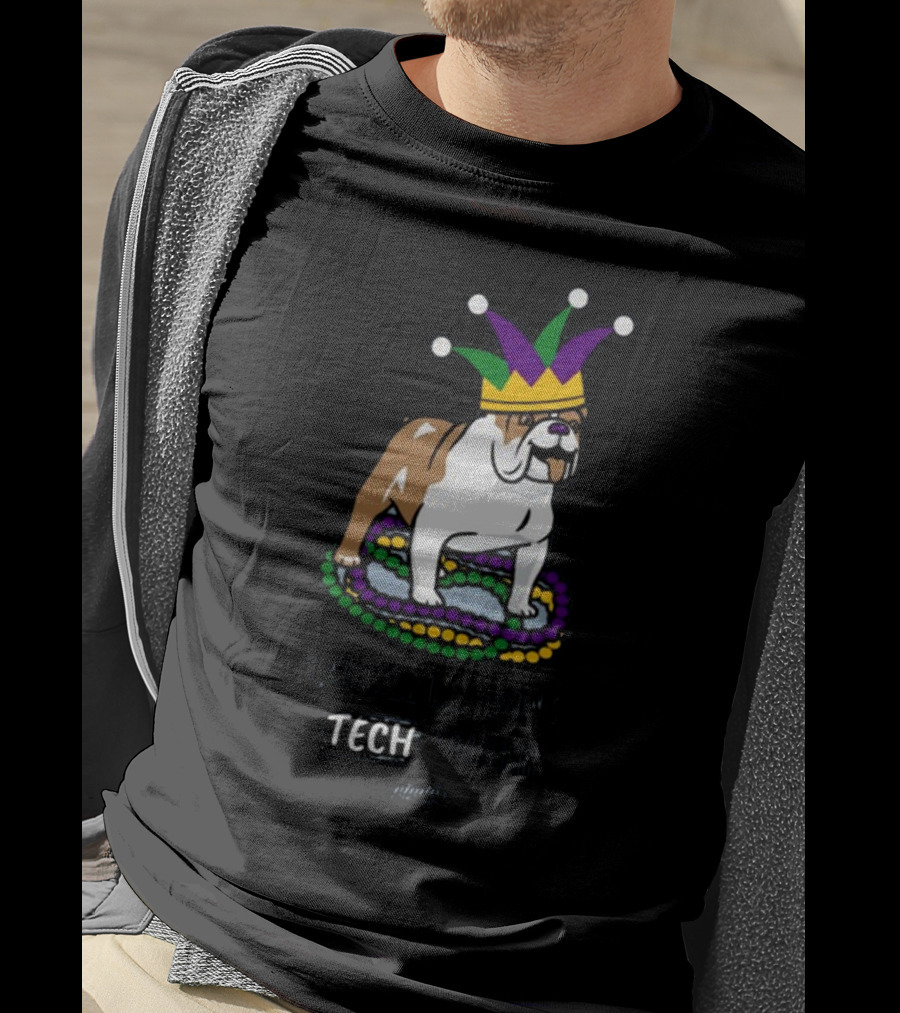 Laissez Les Bons Tech Rouler Bulldog With Mardi Gras Beads And Jester Hat Glitch T-Shirt