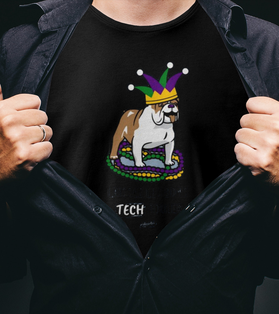 Laissez Les Bons Tech Rouler Bulldog With Mardi Gras Beads And Jester Hat Glitch T-Shirt