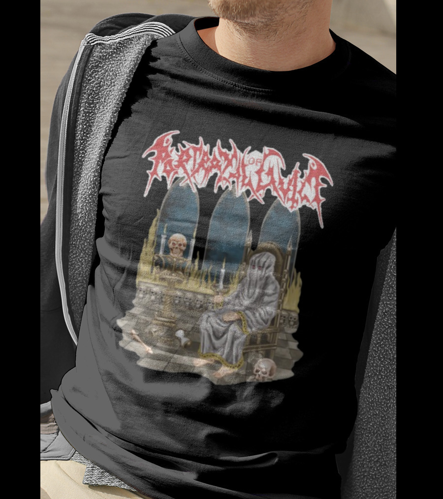 Portrayal Of Guilt Eyedust Cloaked Figure With Skull Throne And Candles T-Shirt