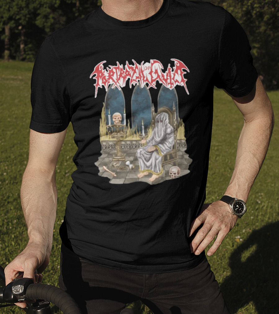 Portrayal Of Guilt Eyedust Cloaked Figure With Skull Throne And Candles T-Shirt