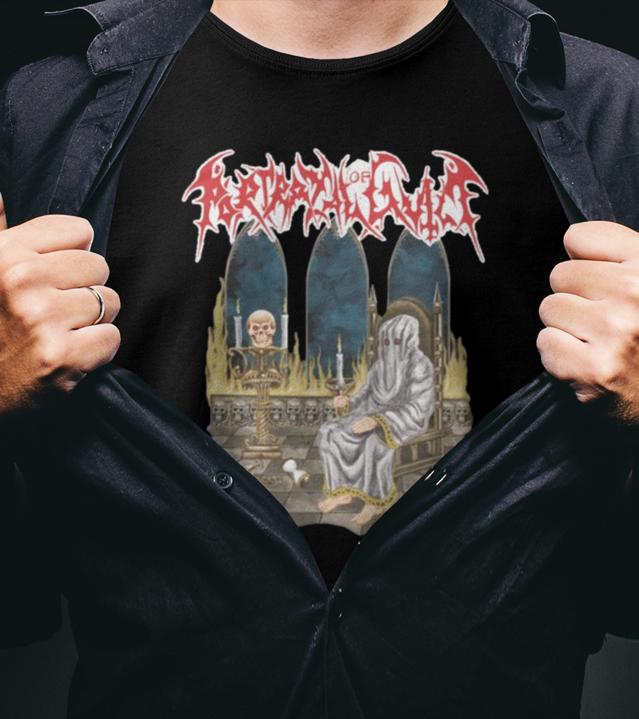 Portrayal Of Guilt Eyedust Cloaked Figure With Skull Throne And Candles T-Shirt