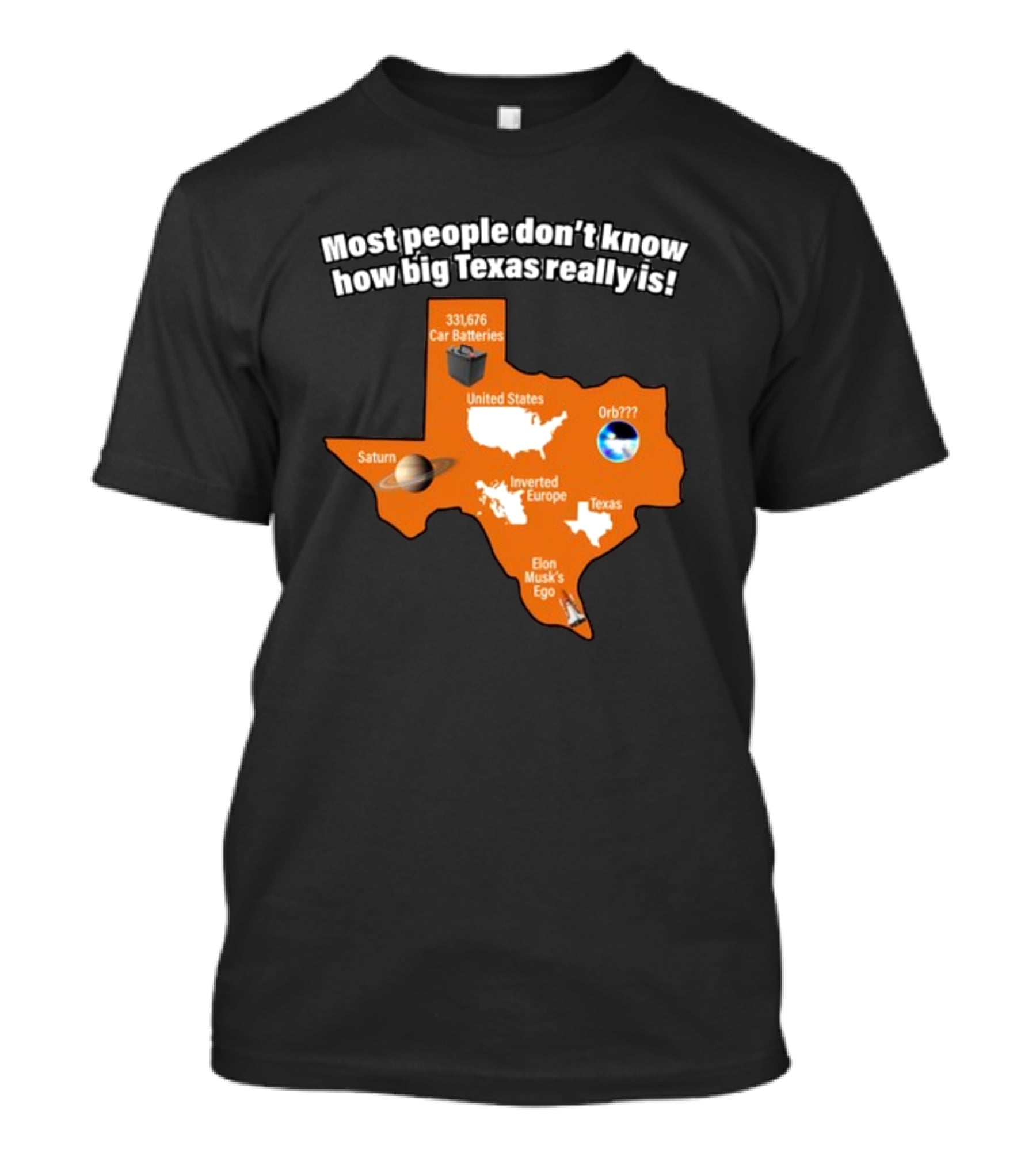 Most People Don't Know How Big Texas Really Is Saturn Car Batteries Elon Musk's Ego Inverted Europe Orb United States T-Shirt