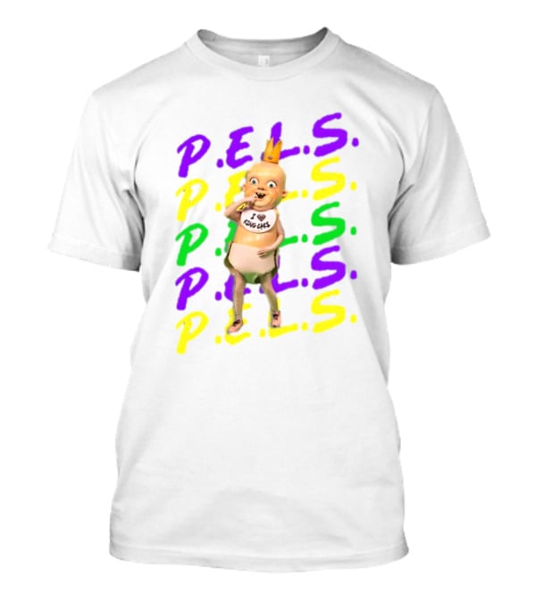 P.E.L.S King Cakes Baby Icon Text In Purple Green Yellow T-Shirt