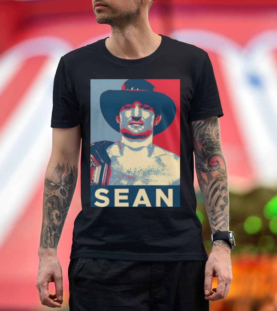 Sean 2024 Campaign Poster Style Image with Hat and Red Blue Background T-Shirt
