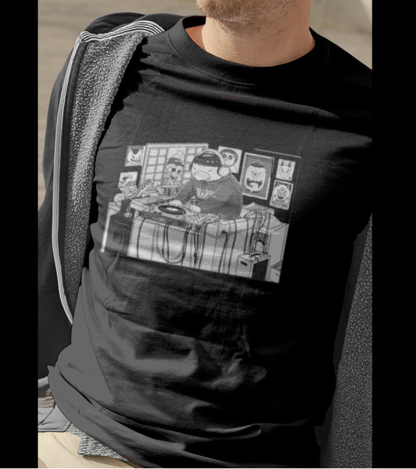 Yokai Beats DJ Mixing In Studio With Japanese Mask Collection T-Shirt