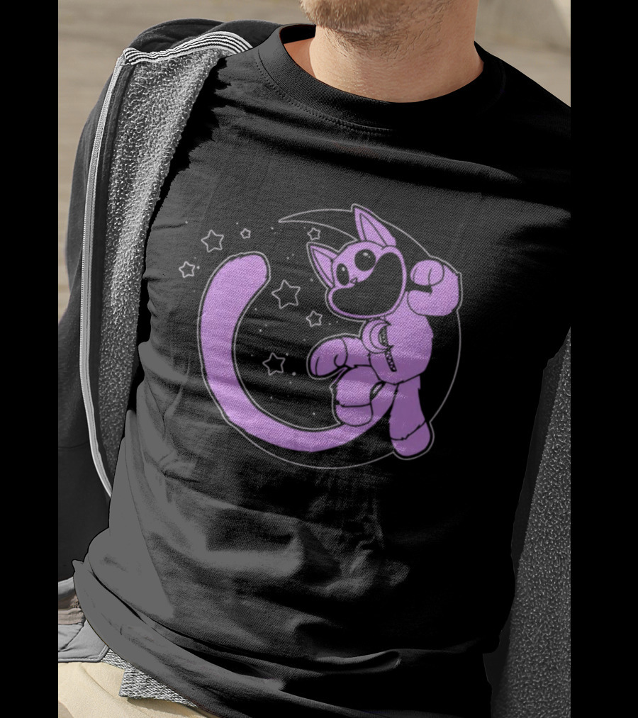 Purple Cartoon Cat With Stars And Moon T-Shirt
