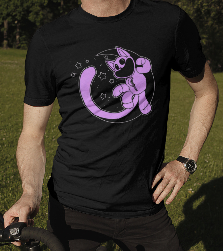 Purple Cartoon Cat With Stars And Moon T-Shirt