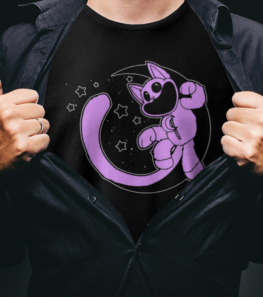 Purple Cartoon Cat With Stars And Moon T-Shirt