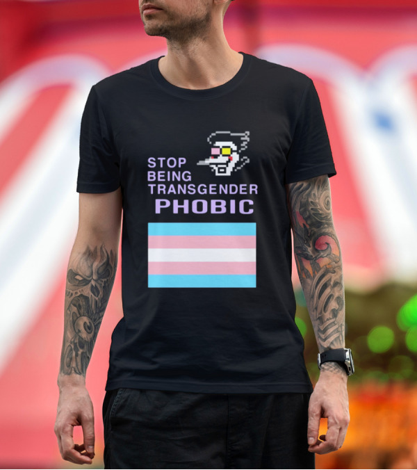 Premium T-Shirt: STOP BEING TRANSGENDER PHOBIC Deltarune Spamton Trans Flag T-Shirt STOP BEING TRANSGENDER PHOBIC Deltarune Spamton Trans Flag T-Shirt