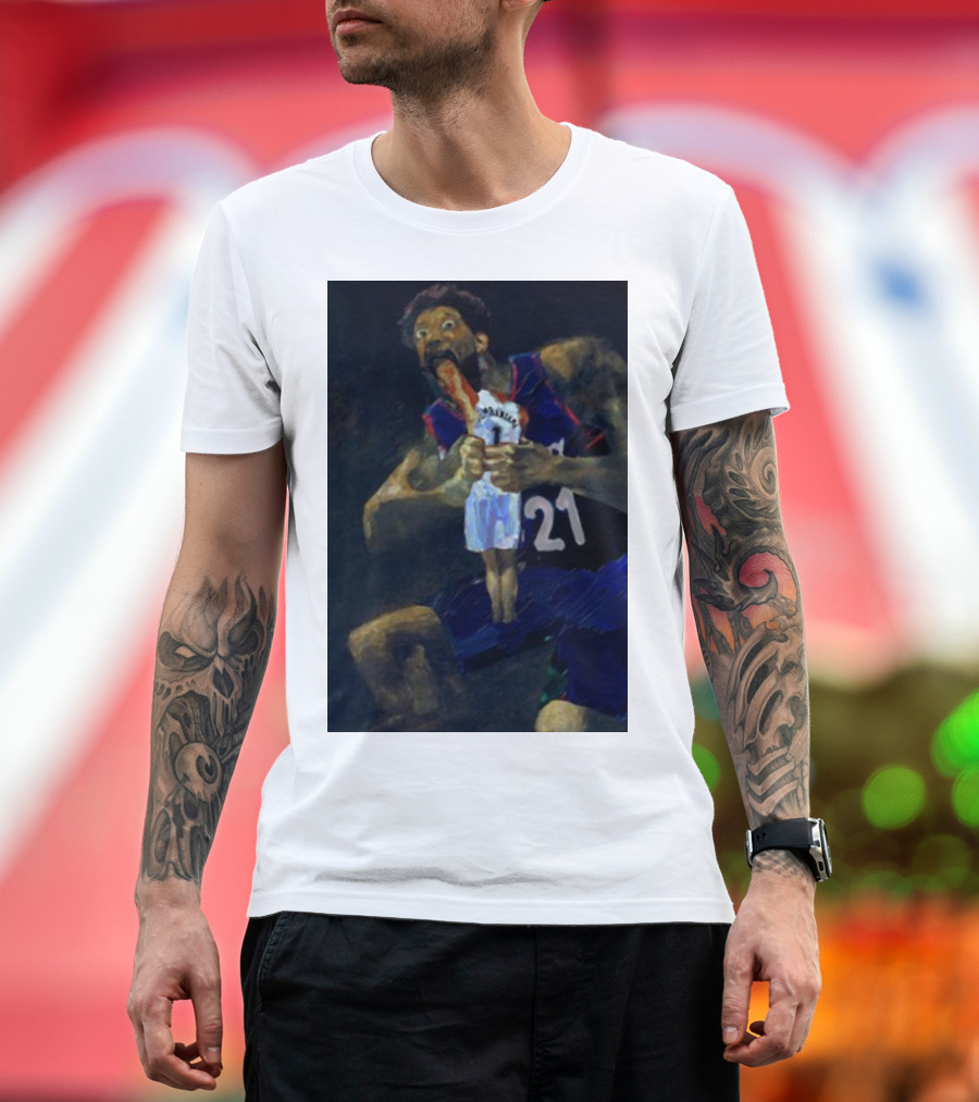 Embiid Dominates Spurs in Intense Artistic Portrayal T-Shirt