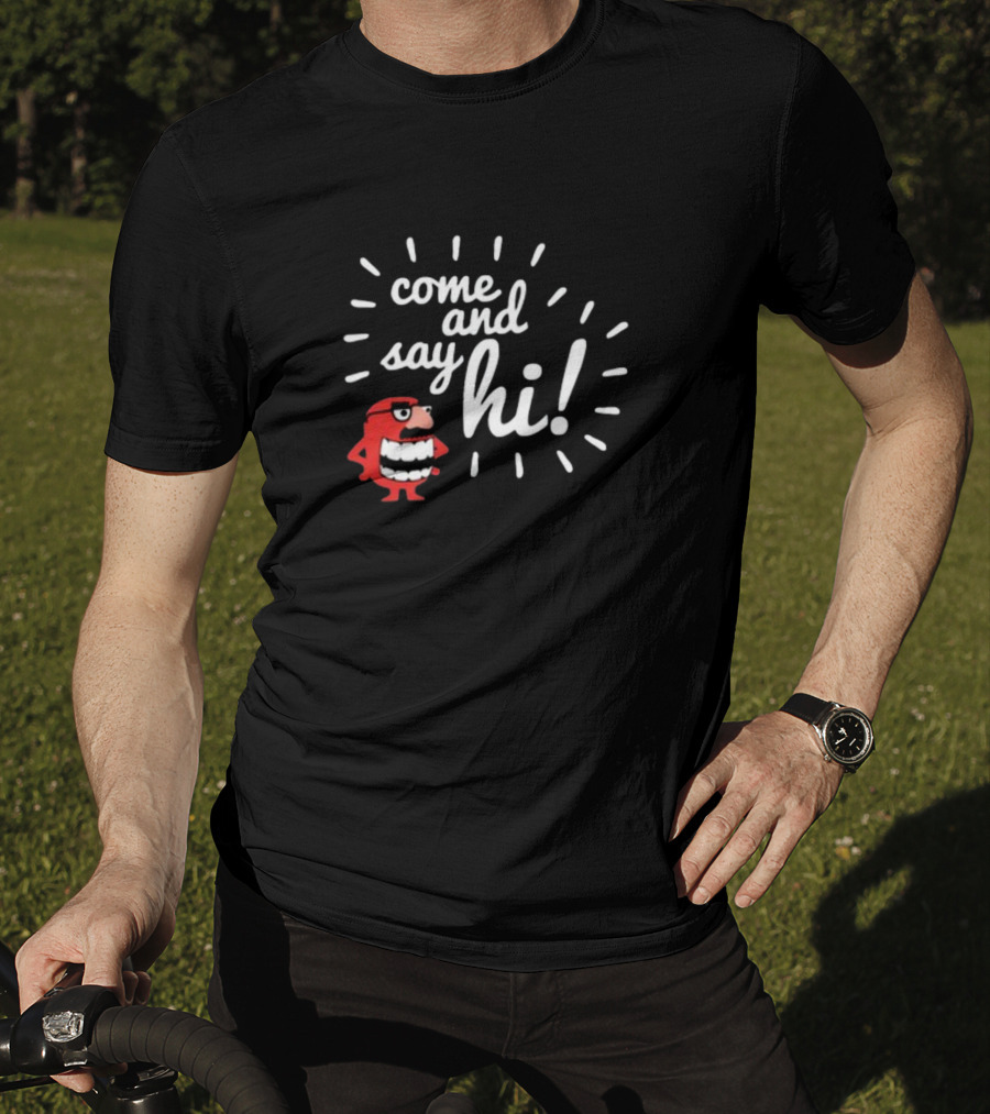 Ministryoftesting Come And Say Hi Red Cartoon Character T-Shirt