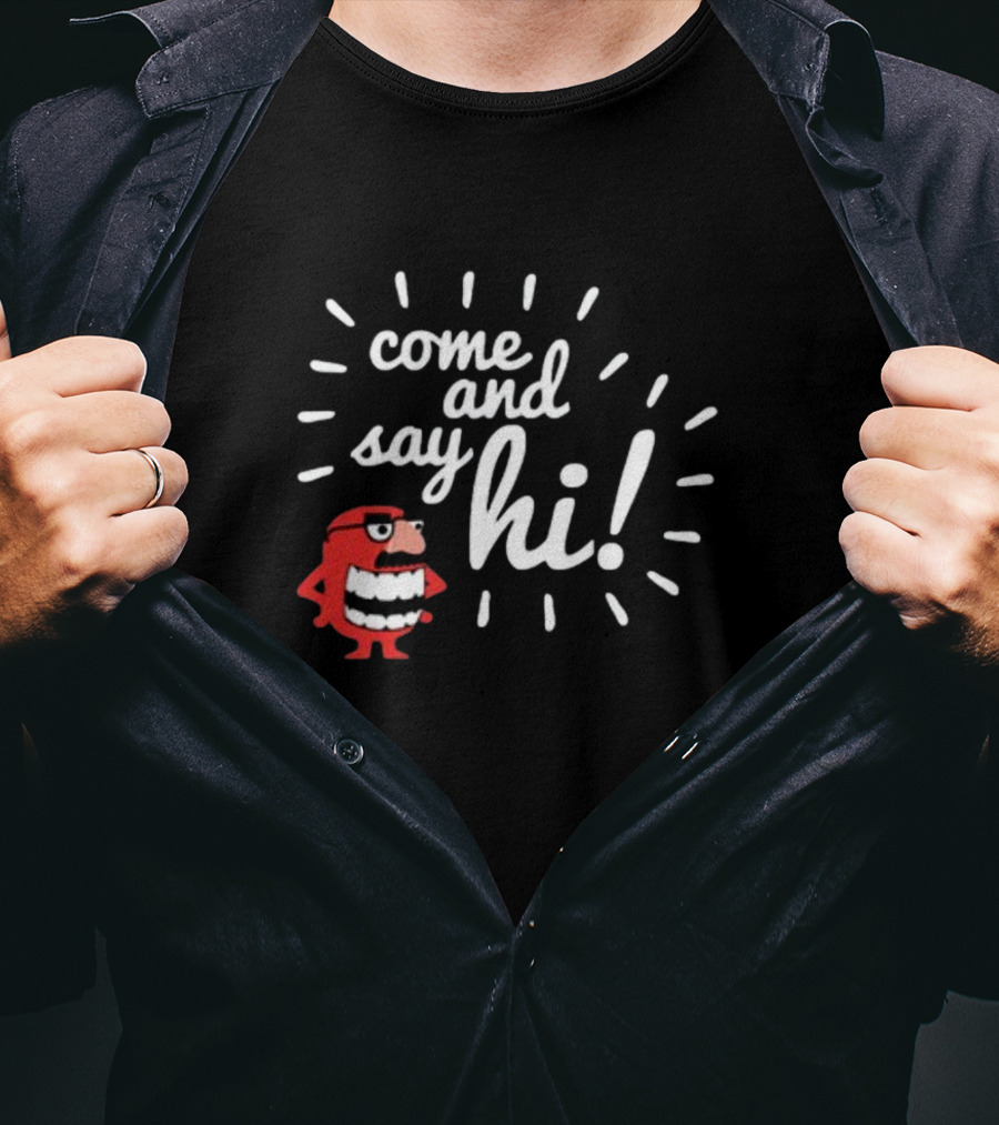 Ministryoftesting Come And Say Hi Red Cartoon Character T-Shirt