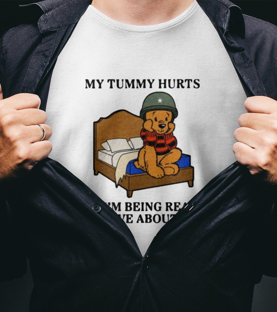 My Tummy Hurts But I'm Being Really Brave About It Bear In Helmet Sitting On Bed T-Shirt