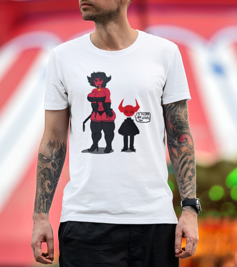 Thewboy Red Character with Devil Horns I Think She Likes You T-Shirt