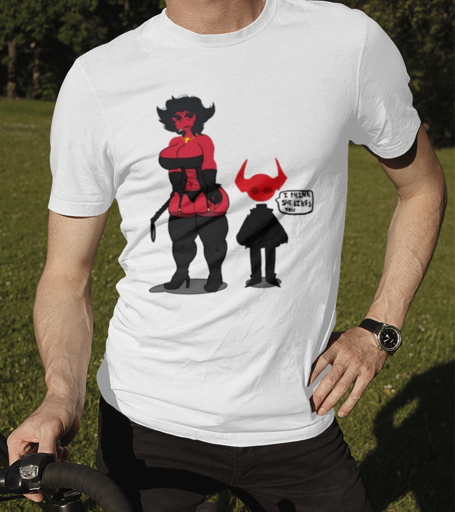 Thewboy Red Character With Devil Horns I Think She Likes You T-Shirt
