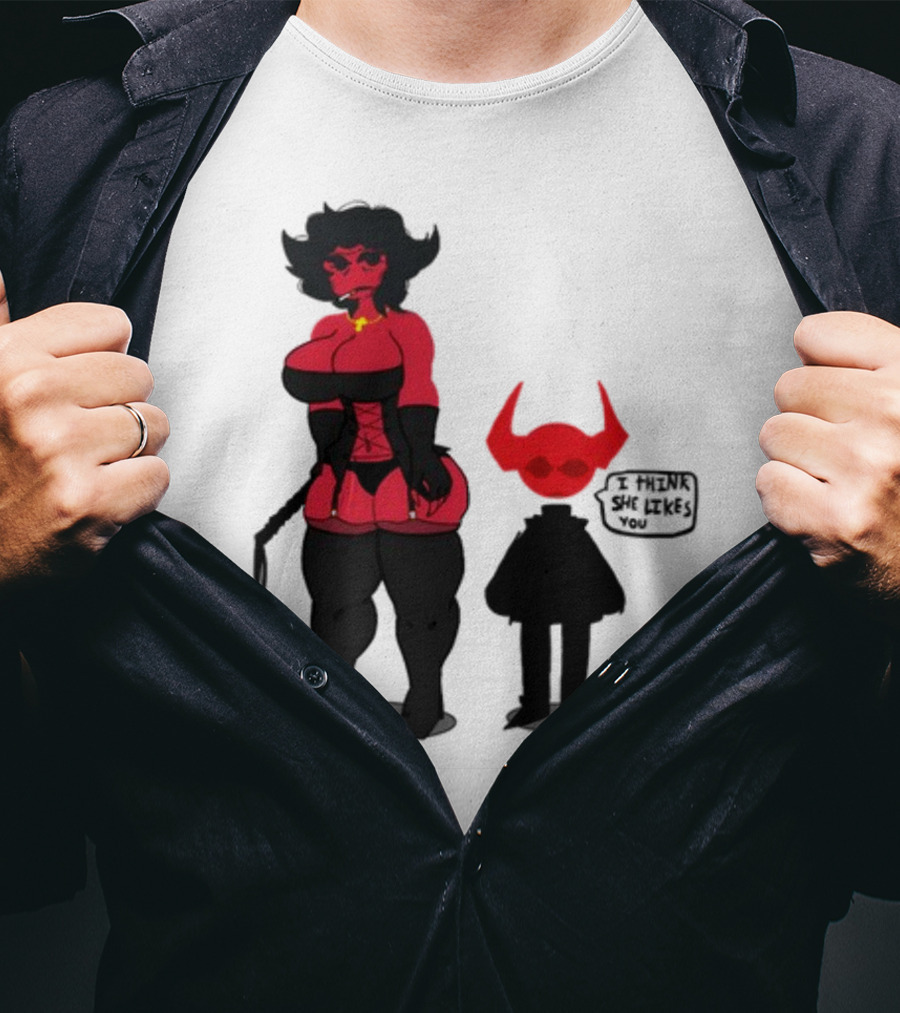 Thewboy Red Character With Devil Horns I Think She Likes You T-Shirt