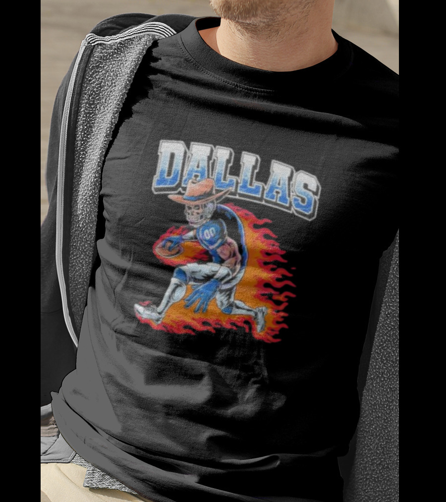 Dallas Cowboy Football Skeleton Player In Flames T-Shirt