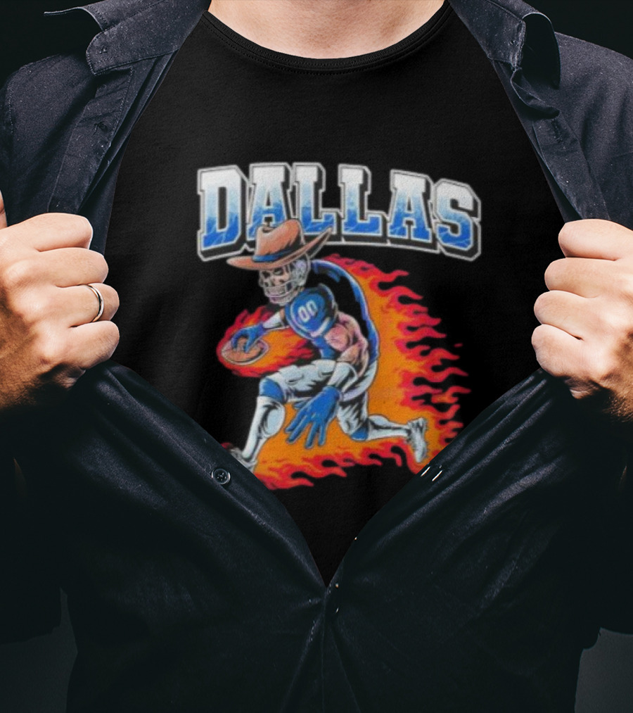 Dallas Cowboy Football Skeleton Player In Flames T-Shirt