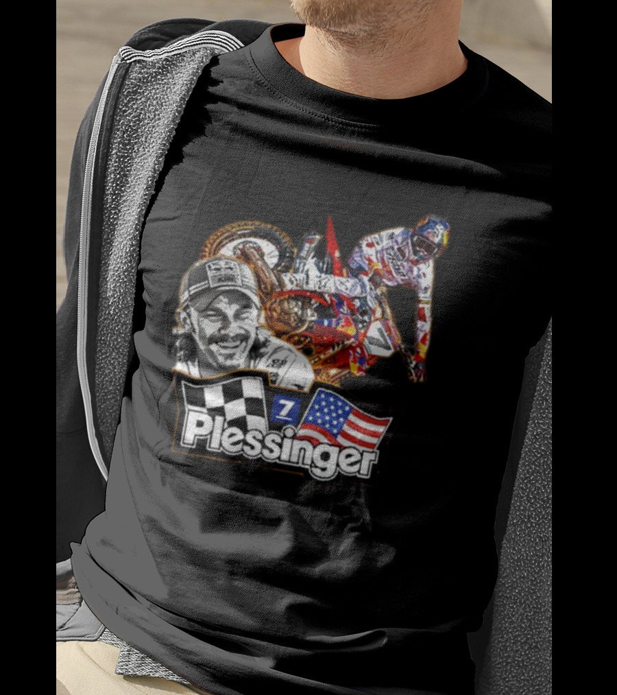 Plessinger American Motocross Racer With Flags And Checkered T-Shirt