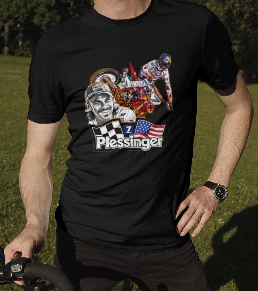 Plessinger American Motocross Racer With Flags And Checkered T-Shirt