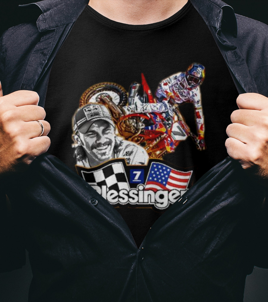 Plessinger American Motocross Racer With Flags And Checkered T-Shirt