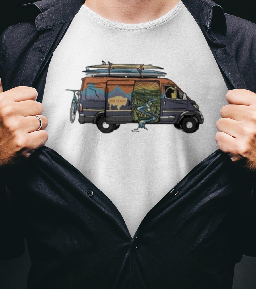 Born To Roam Adventure Camper With Surfboards And Bicycles T-Shirt
