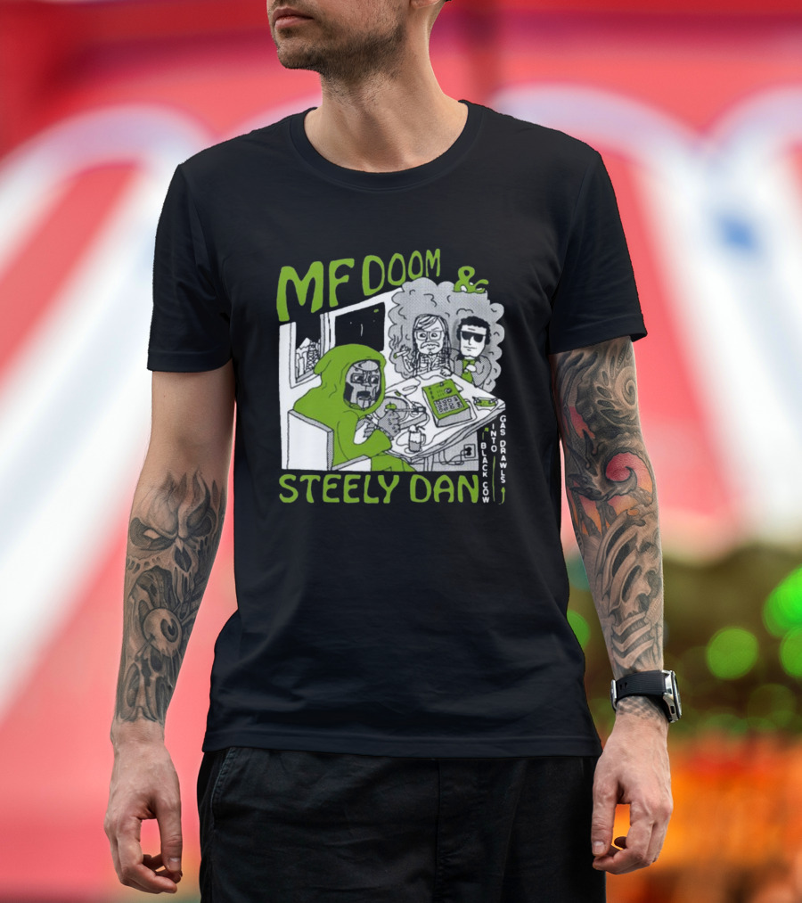 MF Doom and Steely Dan Black Cow Into Gas Drawls Comic Style Scene T-Shirt