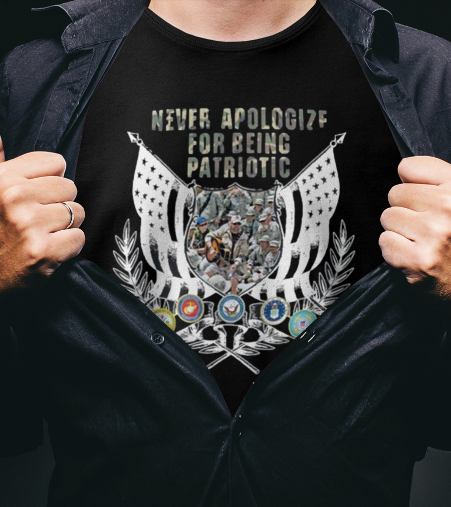 Never Apologize For Being Patriotic Military Tribute With Flags And Emblems T-Shirt