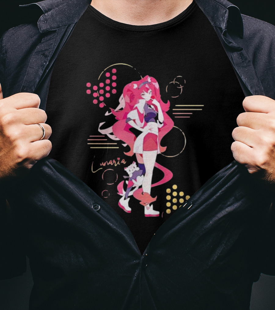 Lunaria Streetwear Pink Hair Girl With Cat And Circles T-Shirt