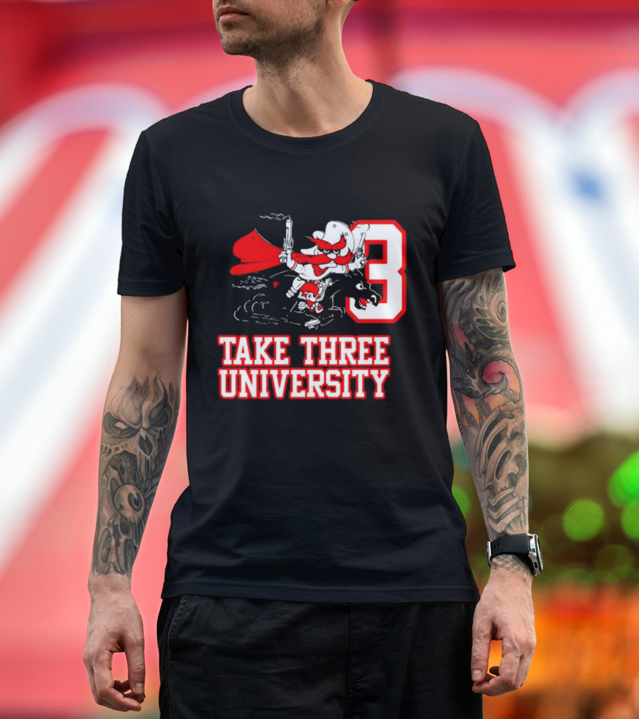 Take Three University Cowboy Mascot with Dual Pistols Number 3 T-Shirt
