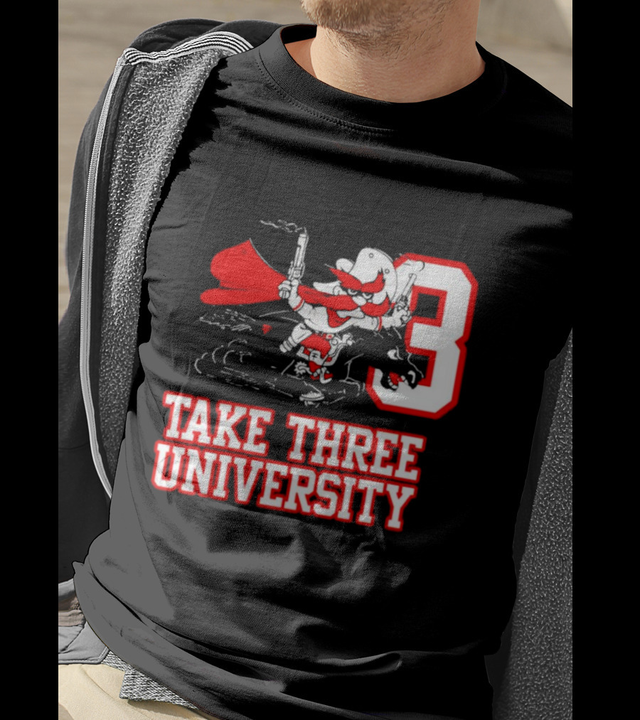 Take Three University Cowboy Mascot With Dual Pistols Number 3 T-Shirt