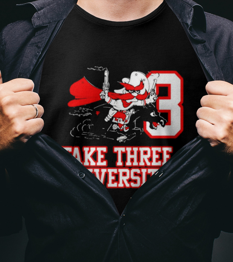 Take Three University Cowboy Mascot With Dual Pistols Number 3 T-Shirt