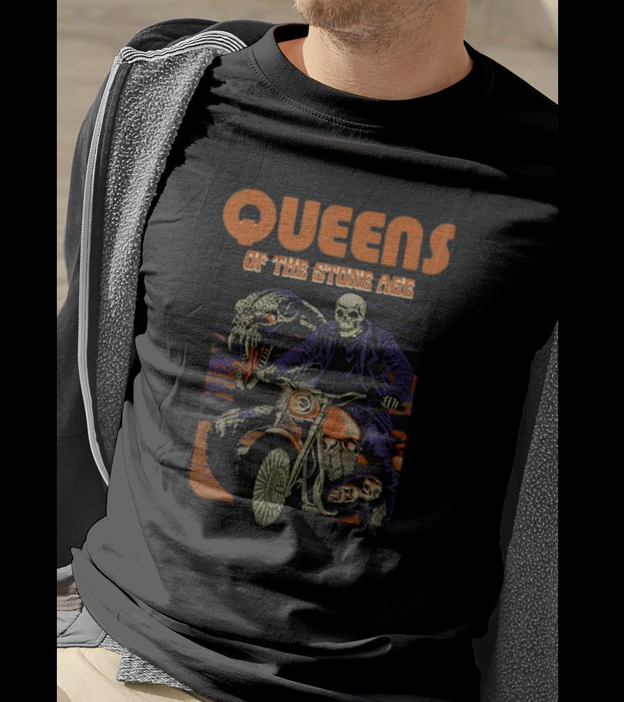 Queens Of The Stone Age Skeleton Biker With Snake Background T-Shirt