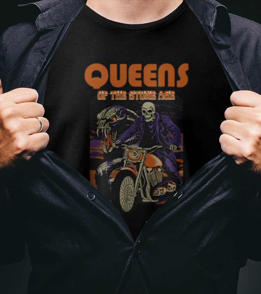 Queens Of The Stone Age Skeleton Biker With Snake Background T-Shirt