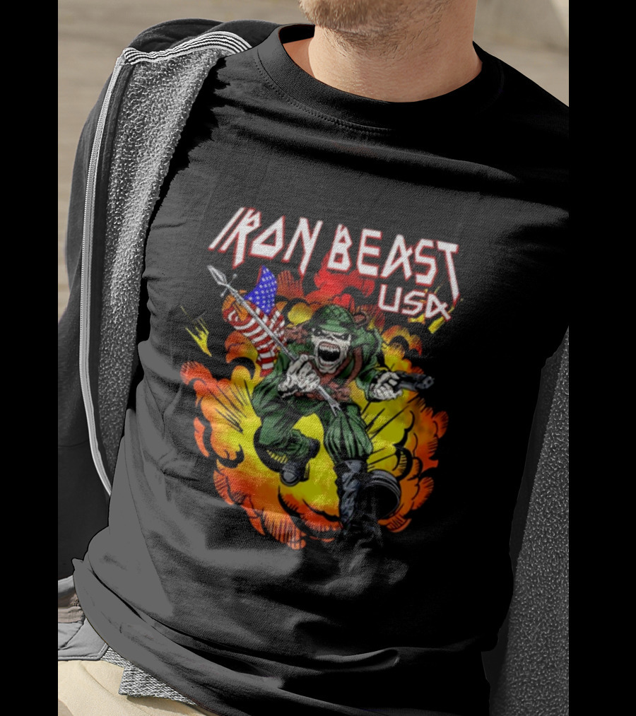 Iron Beast USA Explosive Soldier With American Flag T-Shirt