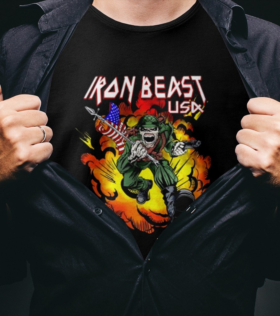 Iron Beast USA Explosive Soldier With American Flag T-Shirt