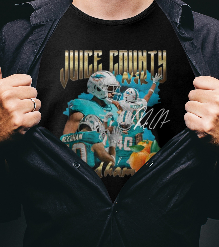 Clincboyzclothing Juice County Nik Needham Dolphins Football Player Signature Oranges T-Shirt