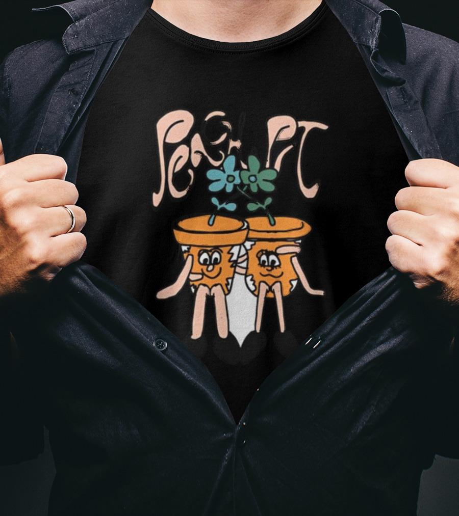 Peach Pit Dancing Flower Pots Duo Playful Cartoon Typography T-Shirt