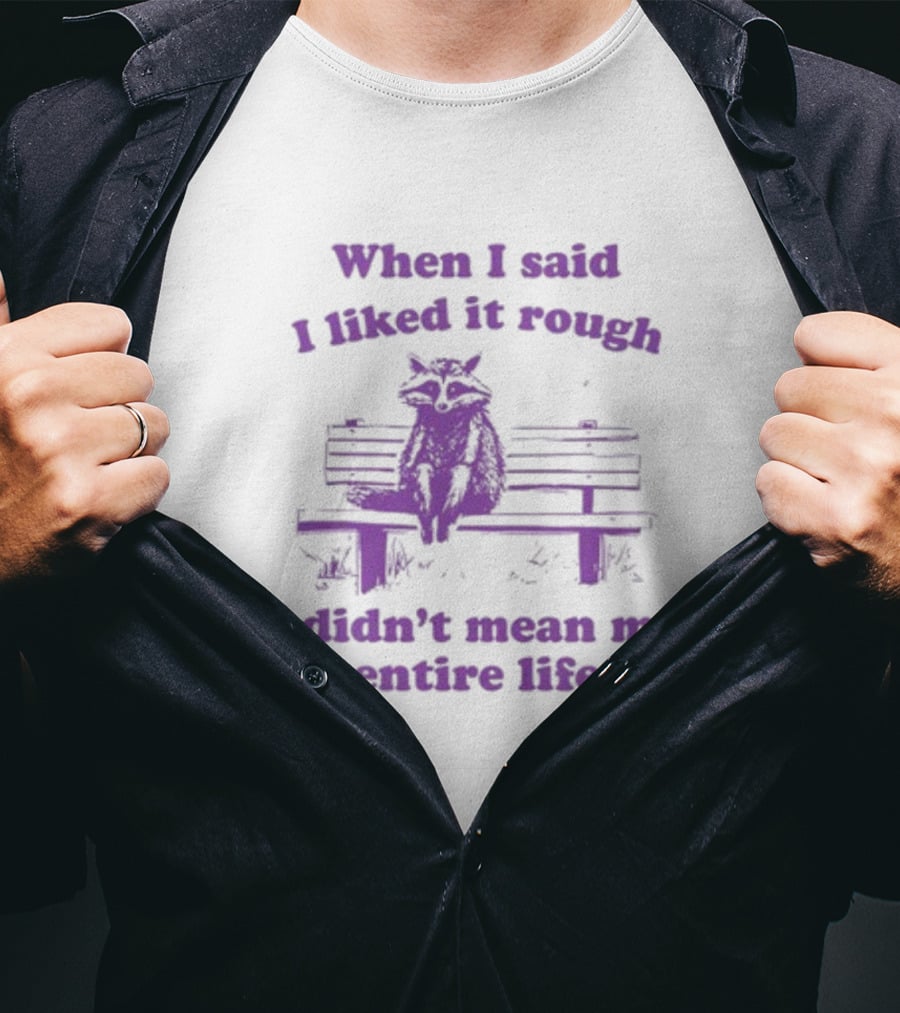 Raccoon Sitting On Bench When I Said I Liked It Rough I Didn't Mean My Entire Life T-Shirt