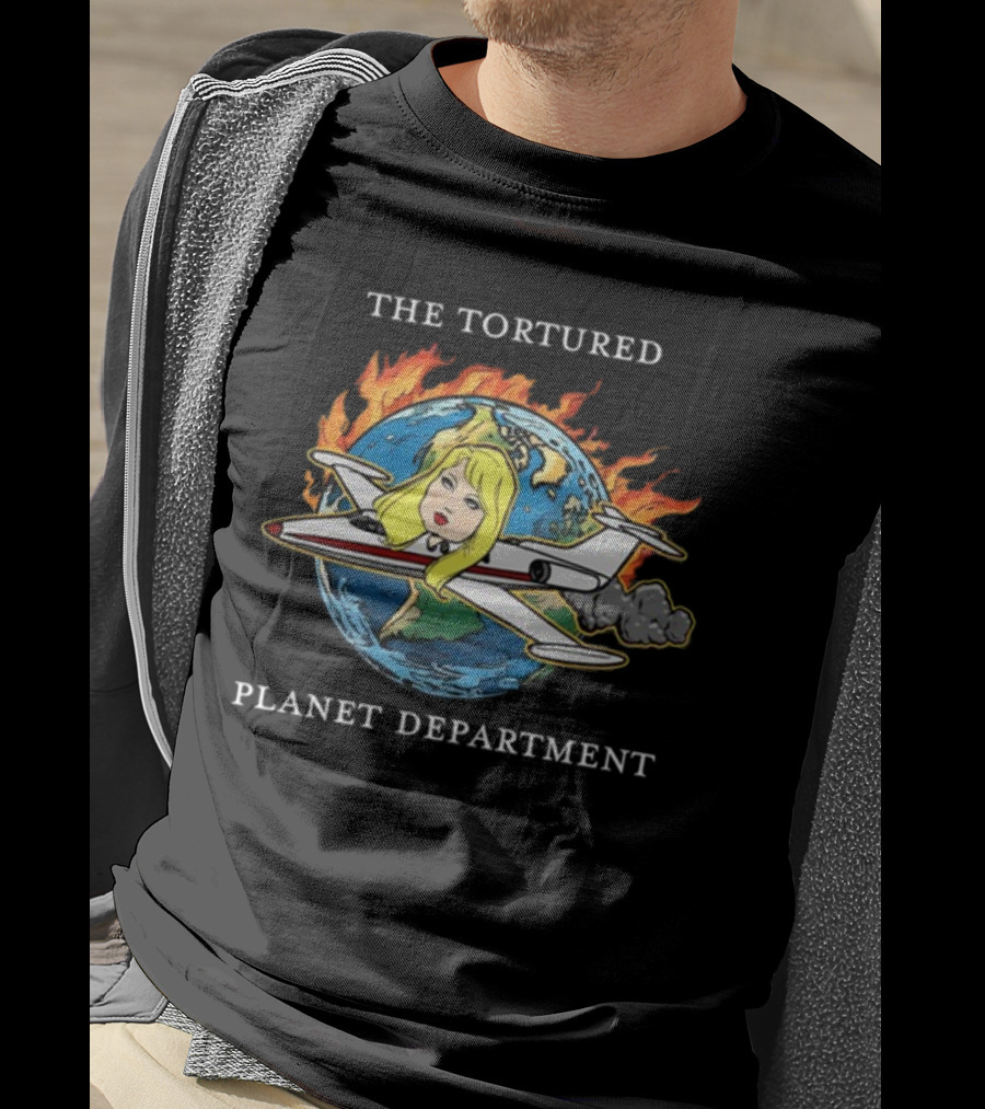 The Tortured Planet Flaming Globe Airplane Caricature Department T-Shirt