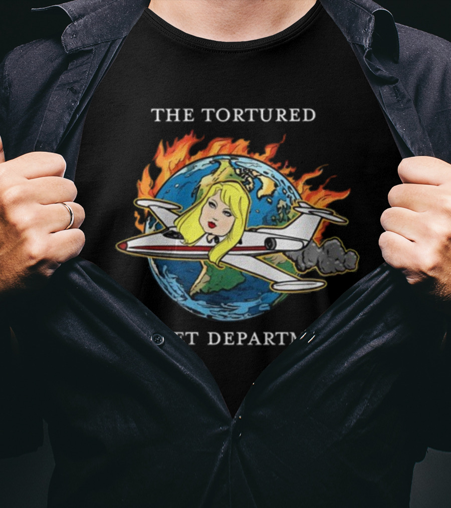 The Tortured Planet Flaming Globe Airplane Caricature Department T-Shirt
