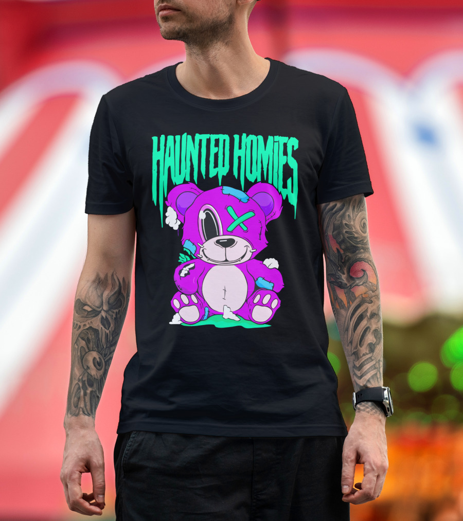 HAUNTED HOMIES Purple Teddy Bear Crossed Eye Patchwork T-Shirt