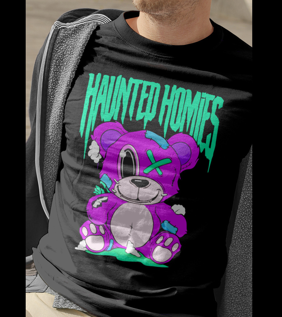 HAUNTED HOMIES Purple Teddy Bear Crossed Eye Patchwork T-Shirt