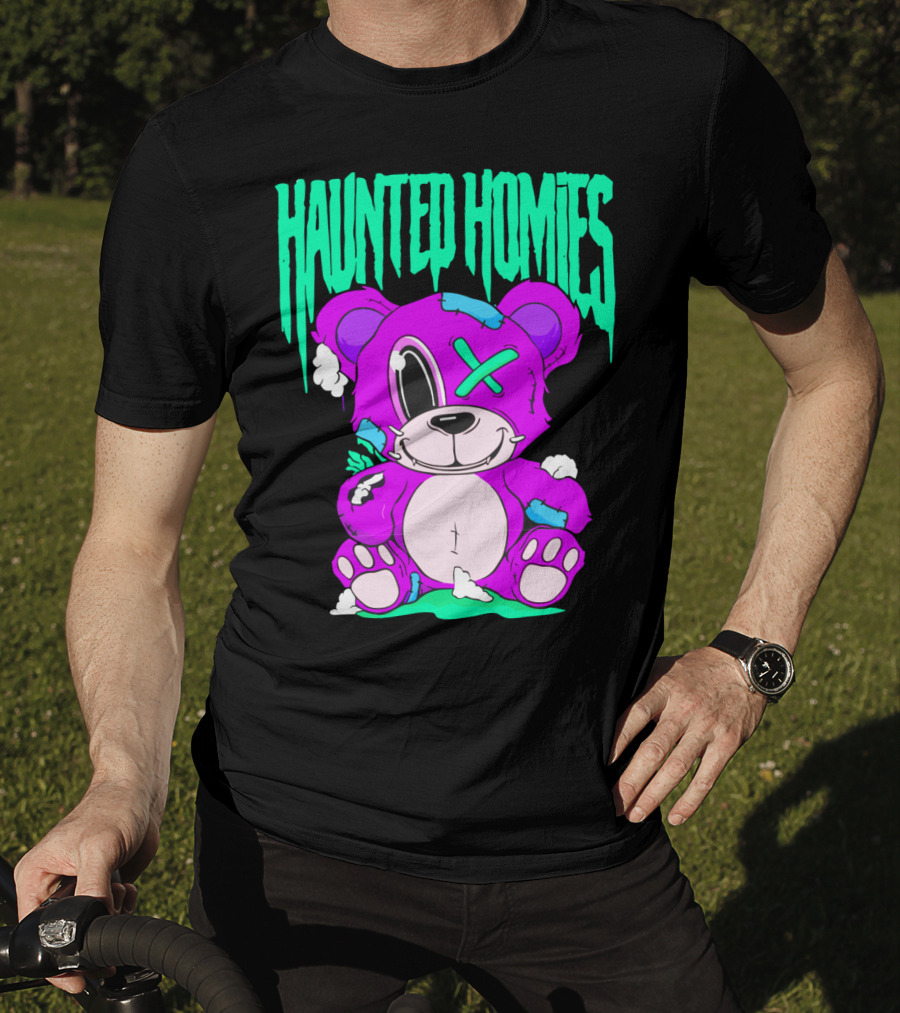 HAUNTED HOMIES Purple Teddy Bear Crossed Eye Patchwork T-Shirt