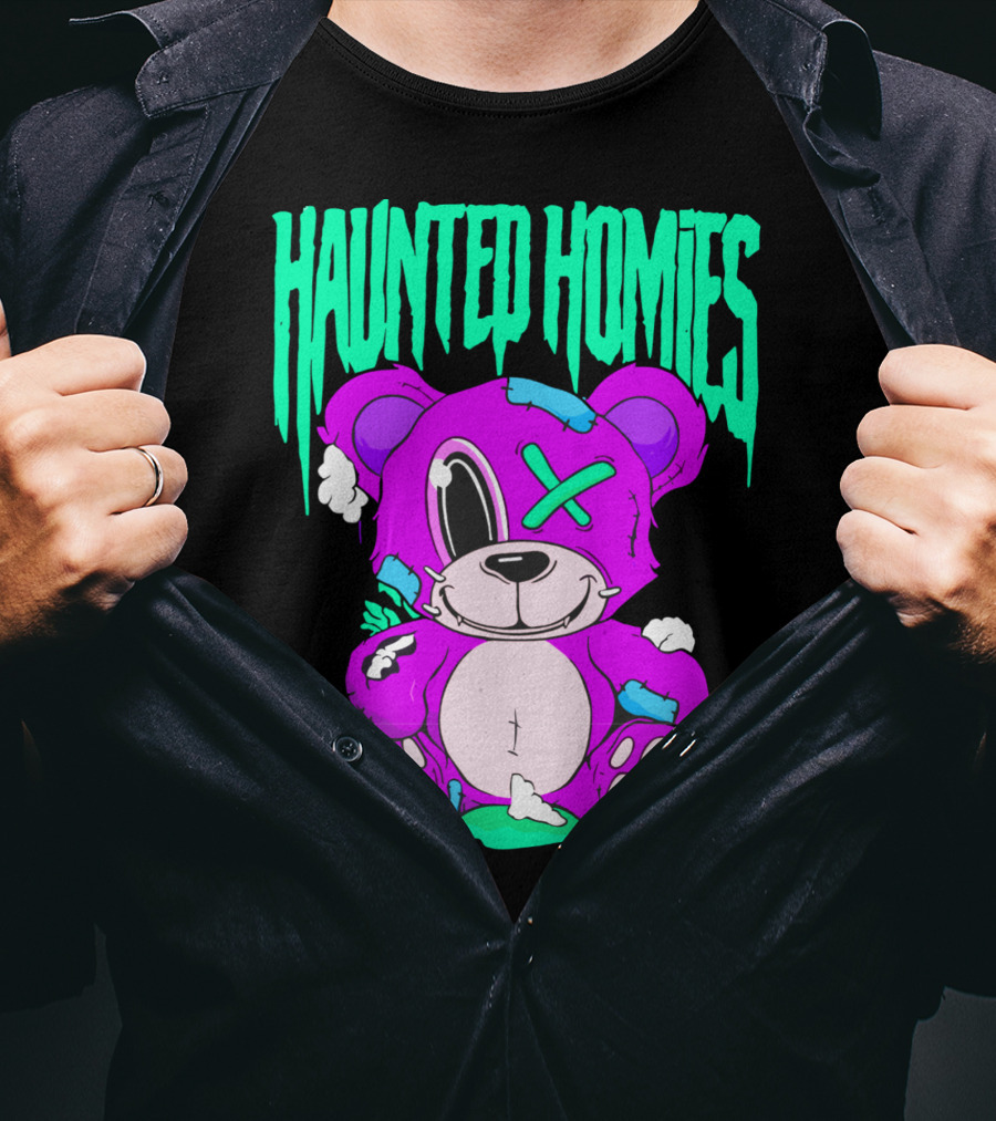 HAUNTED HOMIES Purple Teddy Bear Crossed Eye Patchwork T-Shirt