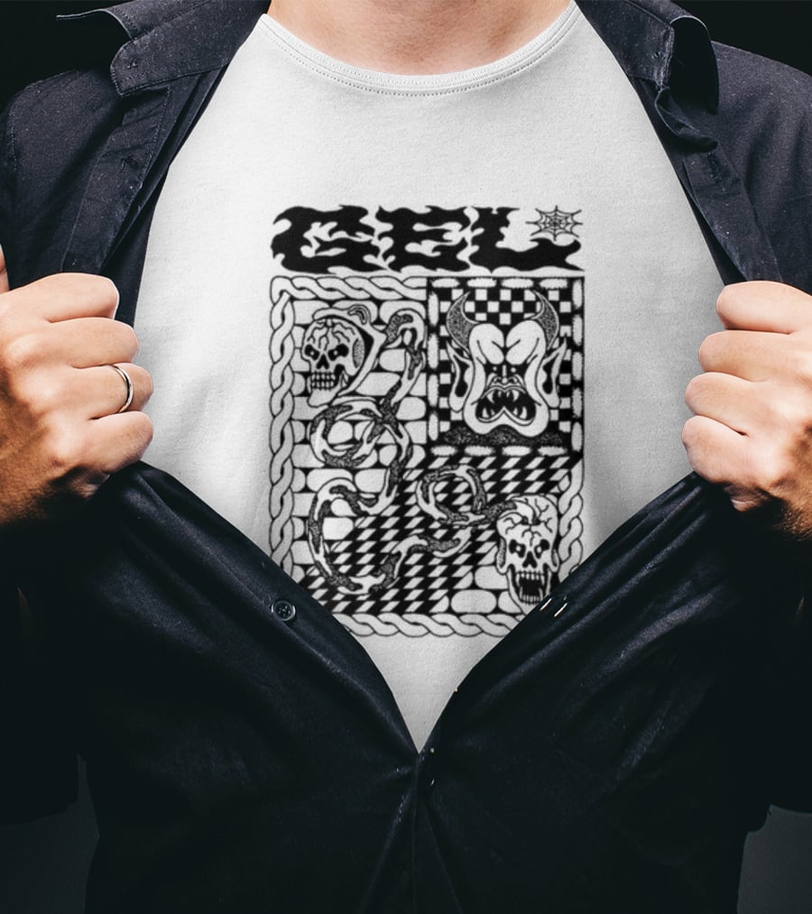 Gel Skull Chains Flames Checkered T-Shirt