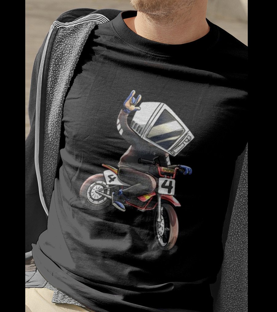 Makethehoodsmile Microwave Man Riding Number 4 Motorcycle T-Shirt