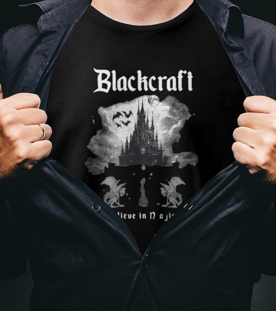 Blackcraft Believe In Magick Gothic Castle With Bats And Gargoyles T-Shirt